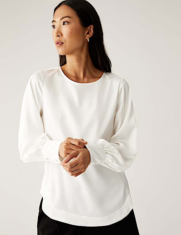 Satin Round Neck Long Sleeve Top