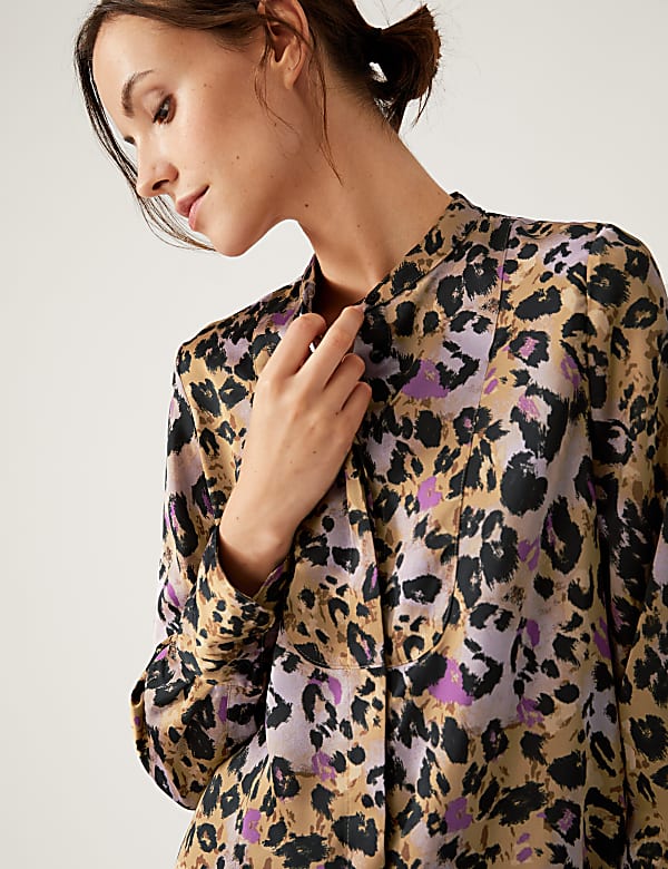 Animal Print Collared Bib Detail Shirt