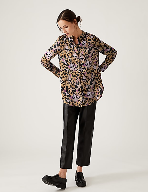 Animal Print Collared Bib Detail Shirt