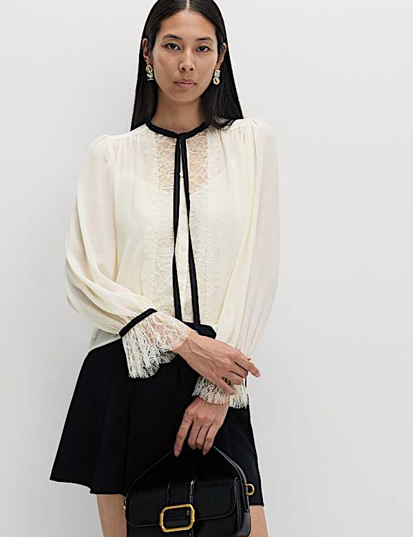 Contrast Tie Neck Frill Sleeve Lace Detail Top - FR
