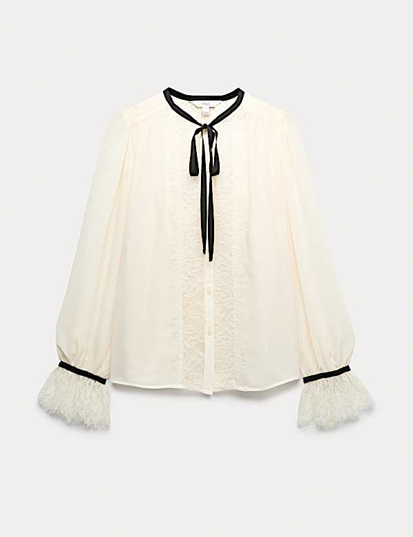 Contrast Tie Neck Frill Sleeve Lace Detail Top - FR