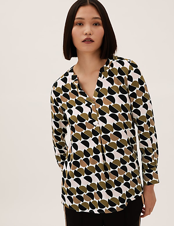 Geometric V-Neck Long Sleeve Popover Blouse