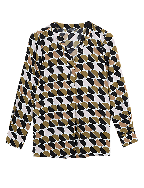 Geometric V-Neck Long Sleeve Popover Blouse