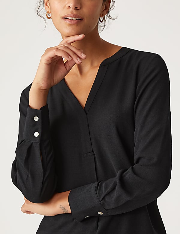 V-Neck Long Sleeve Popover Blouse