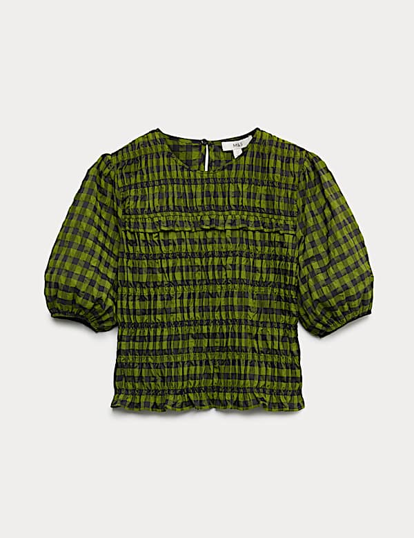 Top van katoenmix met gesmokt detail en ruitmotief - BE