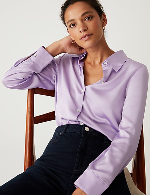 Satin Collared Long Sleeve Shirt IVORY Shirts M S MY