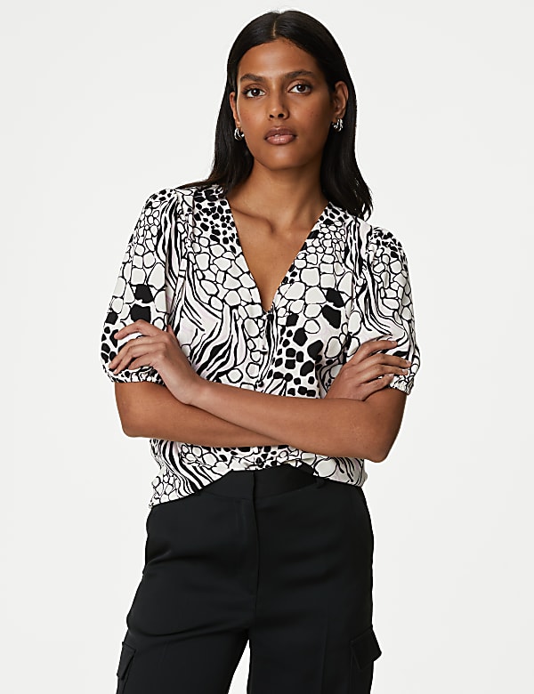 Printed V-Neck Puff Sleeve Blouse