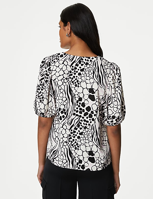 Printed V-Neck Puff Sleeve Blouse
