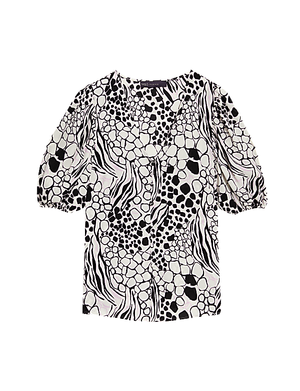 Printed V-Neck Puff Sleeve Blouse