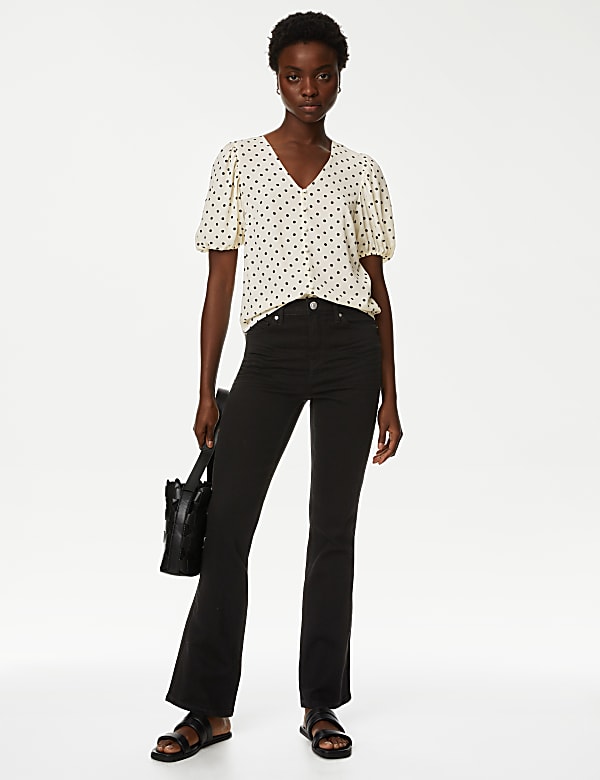 Printed V-Neck Puff Sleeve Blouse