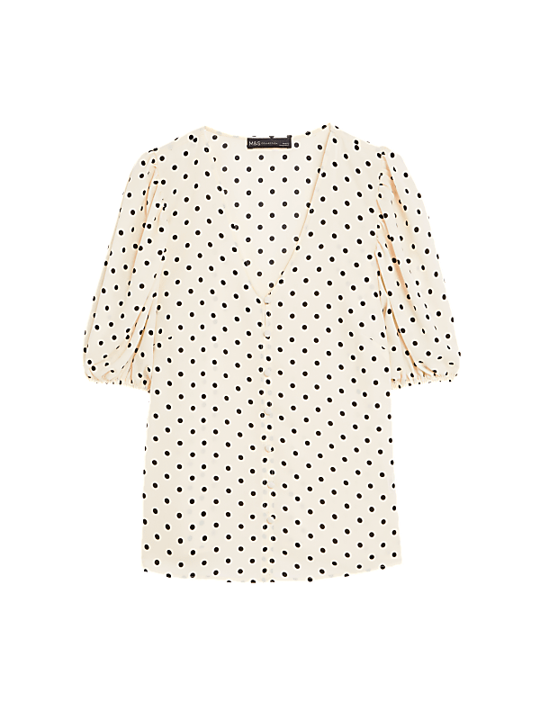 Printed V-Neck Puff Sleeve Blouse