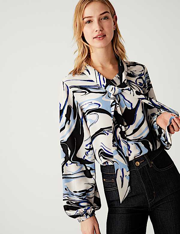 Printed Tie Neck Blouse