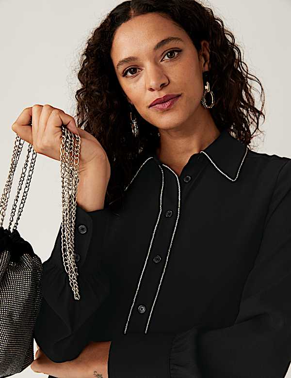 Embellished Collared Long Sleeve Shirt