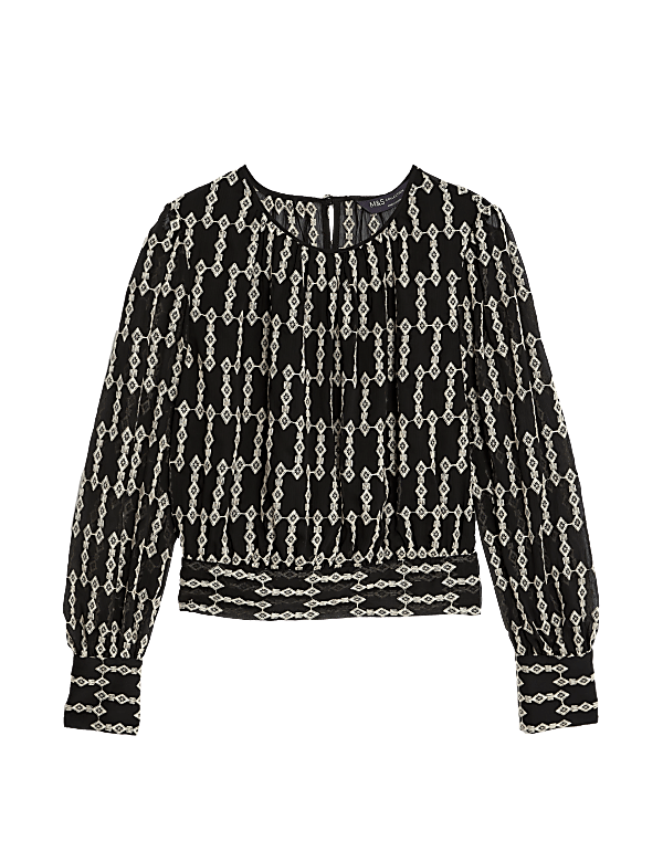 Geometric Round Neck Blouson Sleeve Blouse