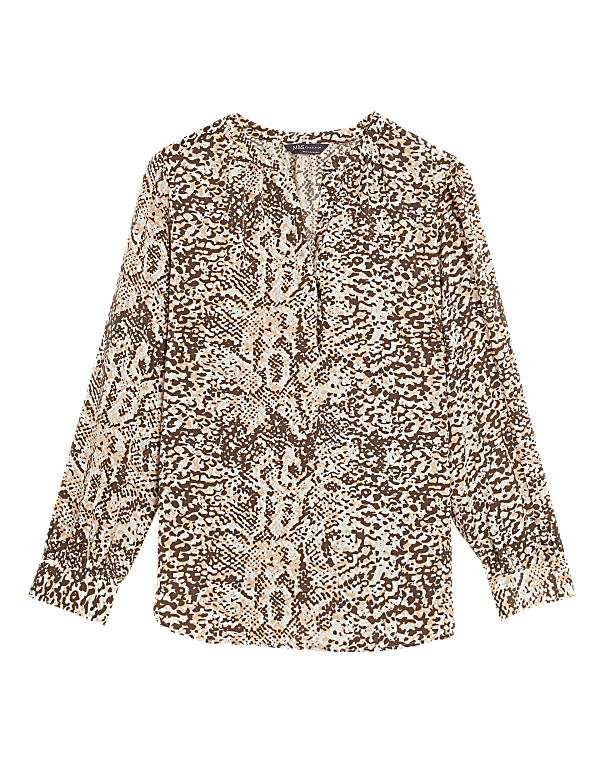 Printed V Neck Popover Blouse