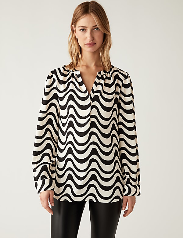 Printed V Neck Popover Blouse