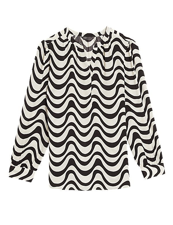 Printed V Neck Popover Blouse