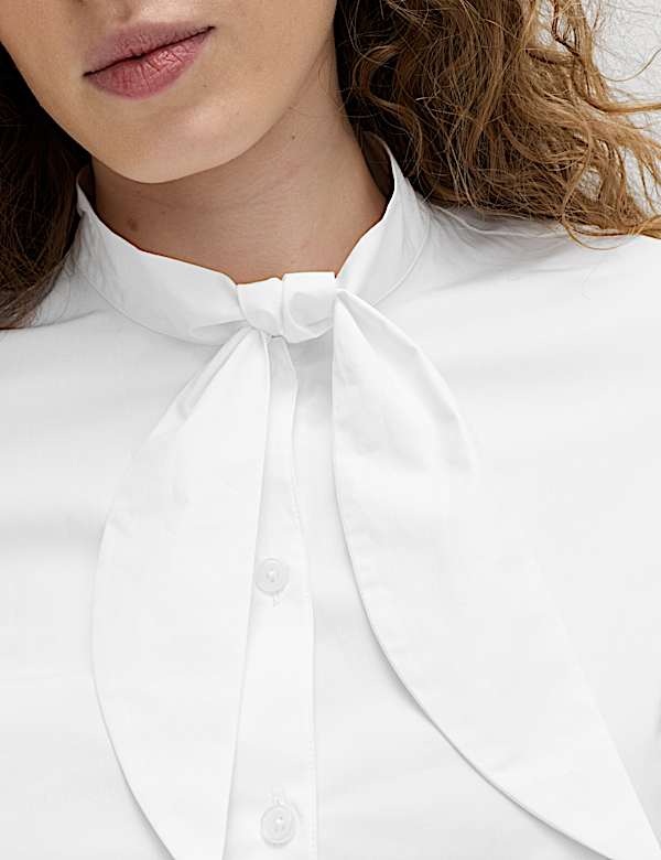 חולצה מכותנה טהורה עם קשירה בצווארון ושרוול בלוזון - IL