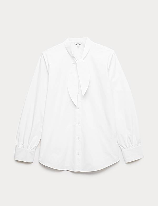 חולצה מכותנה טהורה עם קשירה בצווארון ושרוול בלוזון - IL