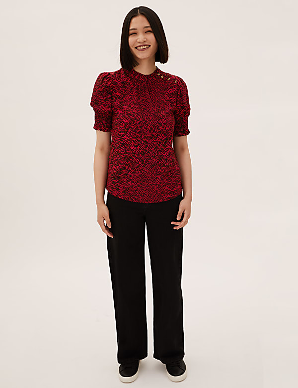 Printed High Neck Short Sleeve Blouse