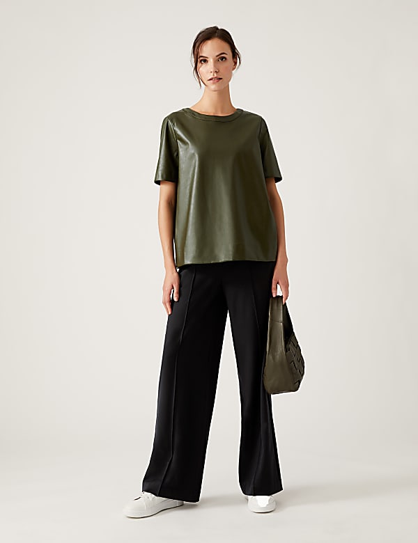 Faux Leather Round Neck Short Sleeve Top