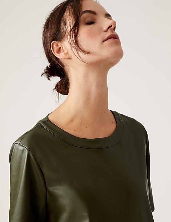 Faux Leather Round Neck Short Sleeve Top