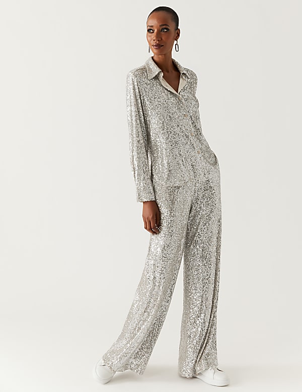 Sequin Collared Long Sleeve Shirt