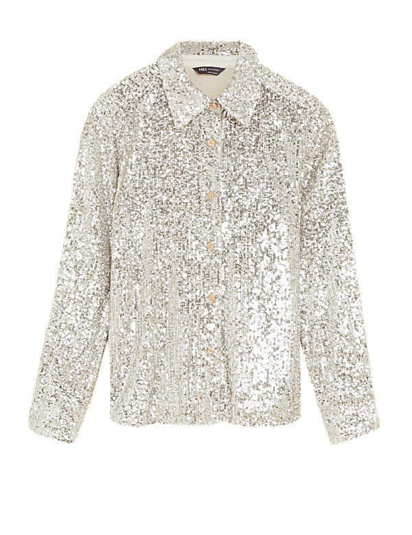 Sequin Collared Long Sleeve Shirt