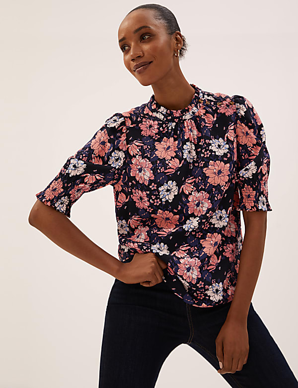 High neck short sleeve blouse sale
