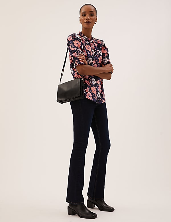 Floral High Neck Short Sleeve Blouse