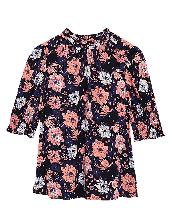 Floral High Neck Short Sleeve Blouse