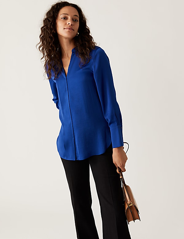 Satin V-Neck Long Sleeve Popover Blouse