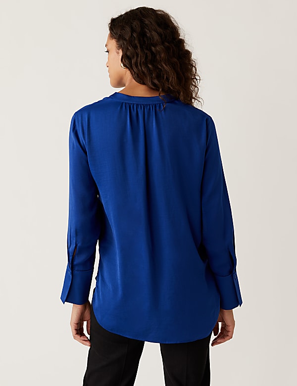 Satin V-Neck Long Sleeve Popover Blouse