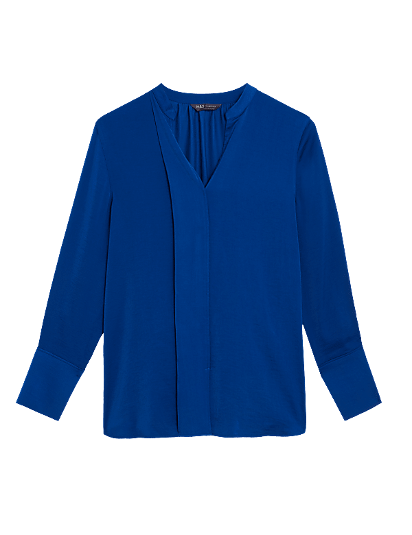 Satin V-Neck Long Sleeve Popover Blouse