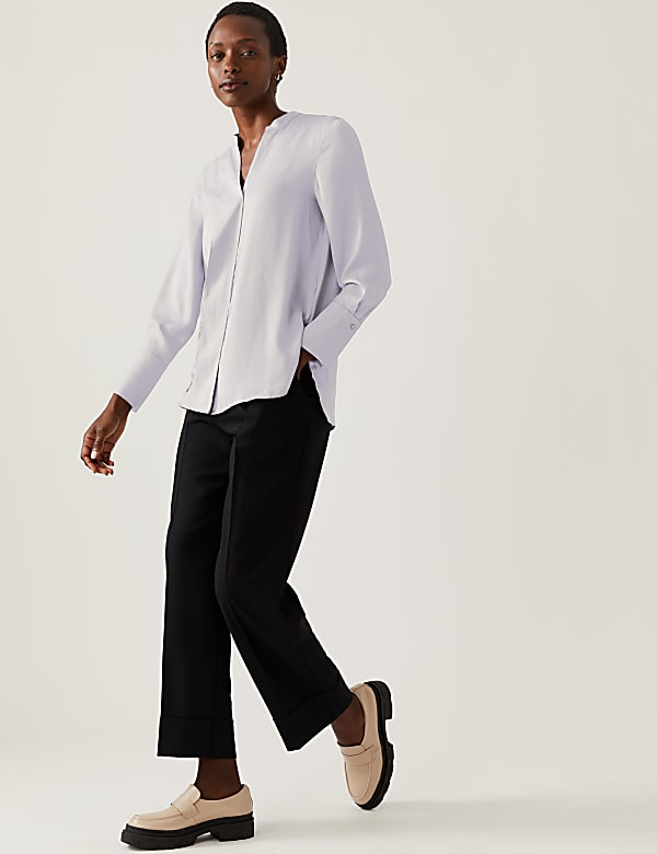 Satin V-Neck Long Sleeve Popover Blouse