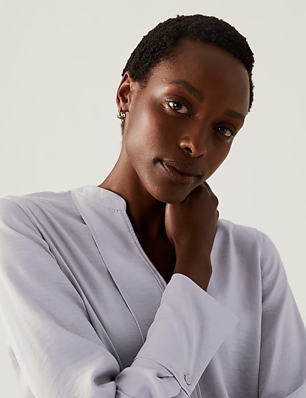 Satin V-Neck Long Sleeve Popover Blouse