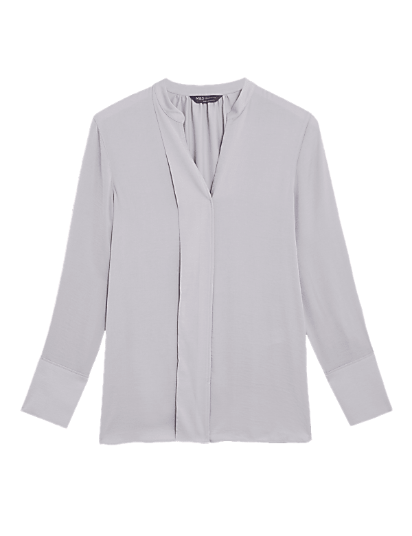 Satin V-Neck Long Sleeve Popover Blouse