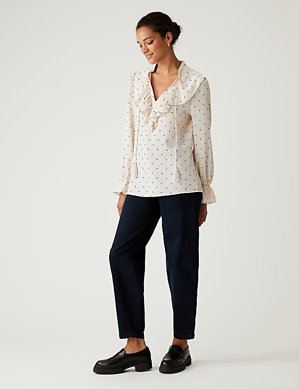 Polka Dot V-Neck Frill Detail Blouse