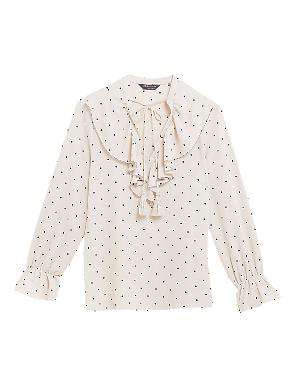 Polka Dot V-Neck Frill Detail Blouse
