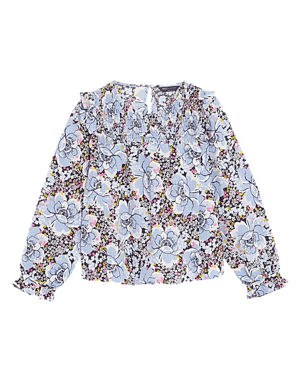 Floral Round Neck Shirred Blouse