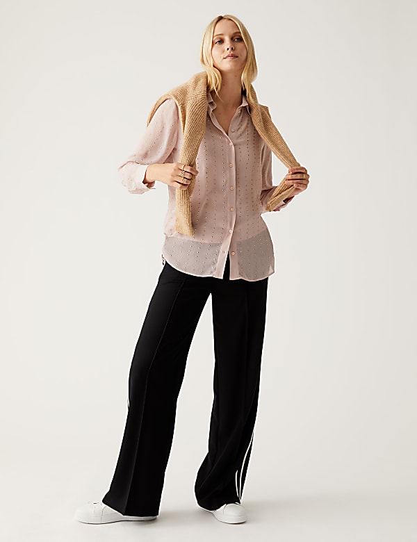 Sheer Studded Collared Long Sleeve Shirt