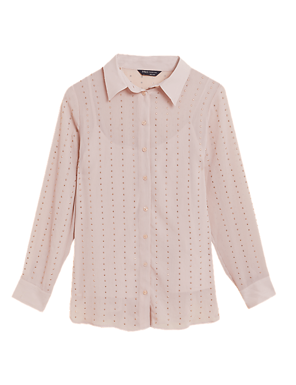 Sheer Studded Collared Long Sleeve Shirt