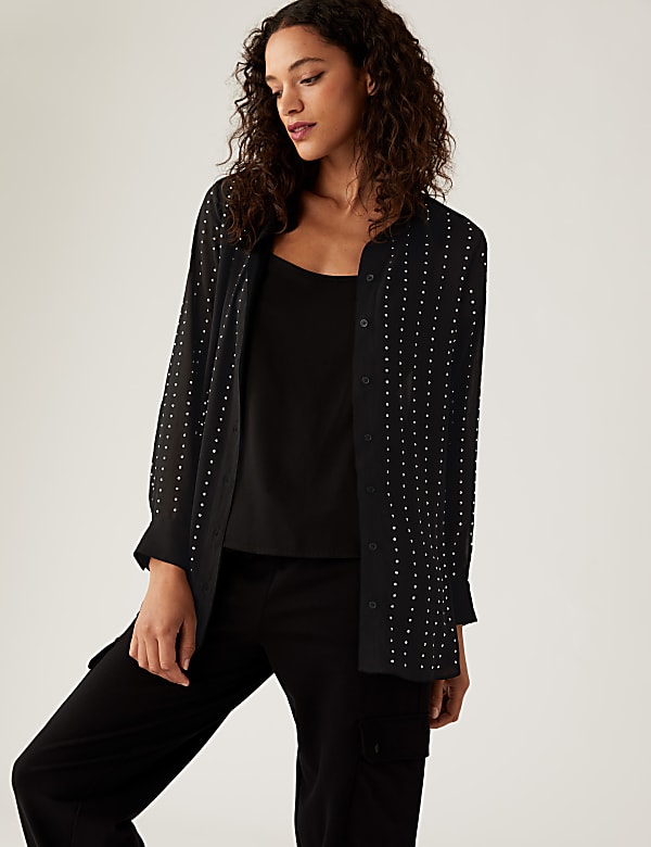 Sheer Studded Collared Long Sleeve Shirt