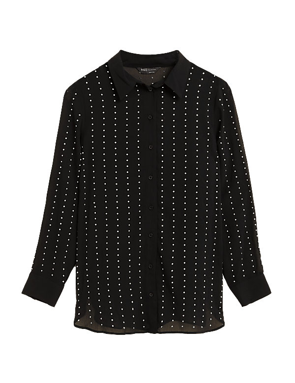 Sheer Studded Collared Long Sleeve Shirt