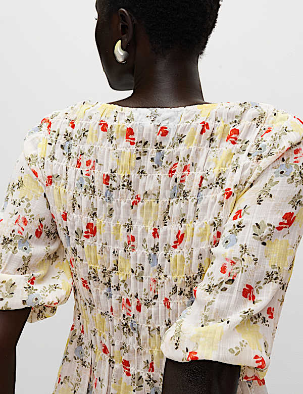Printed Shirred Tie Detail Puff Sleeve Blouse