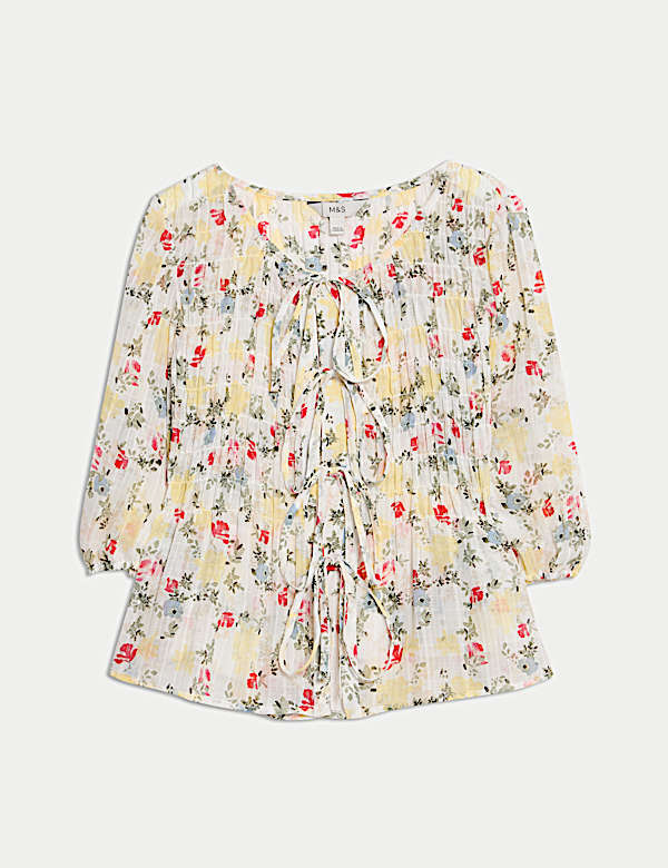 Printed Shirred Tie Detail Puff Sleeve Blouse - AT