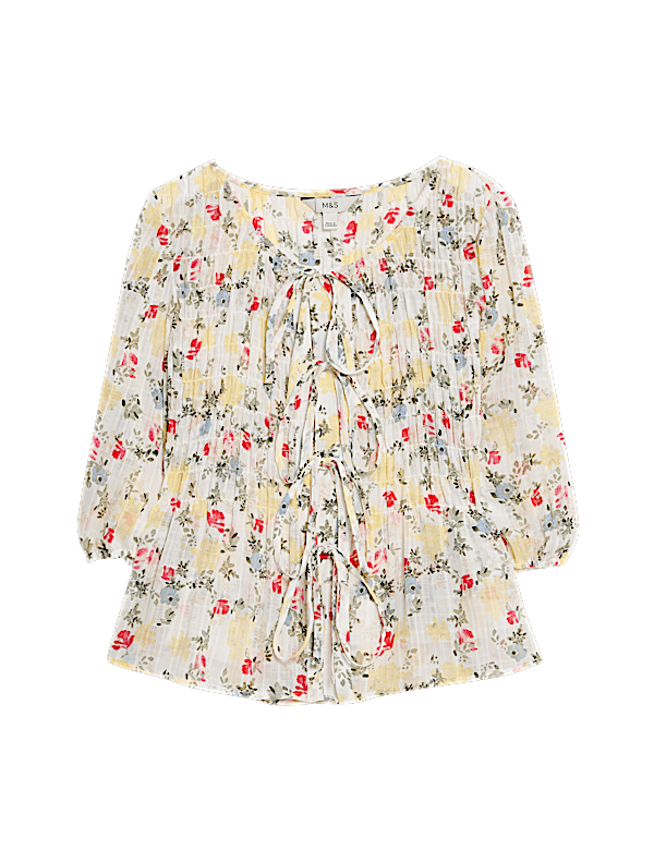 Printed Shirred Tie Detail Puff Sleeve Blouse