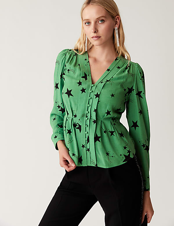 Star Print V-Neck Blouse