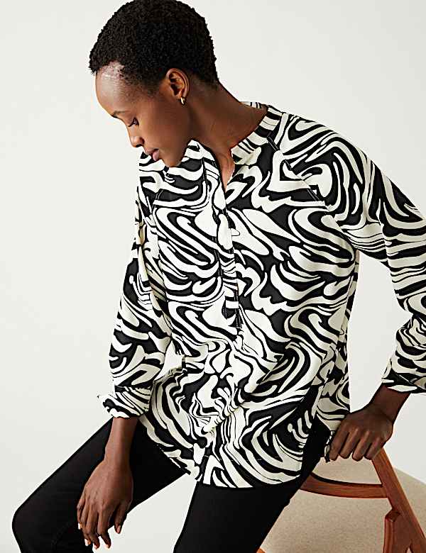 Printed V-Neck Oversized Popover Blouse