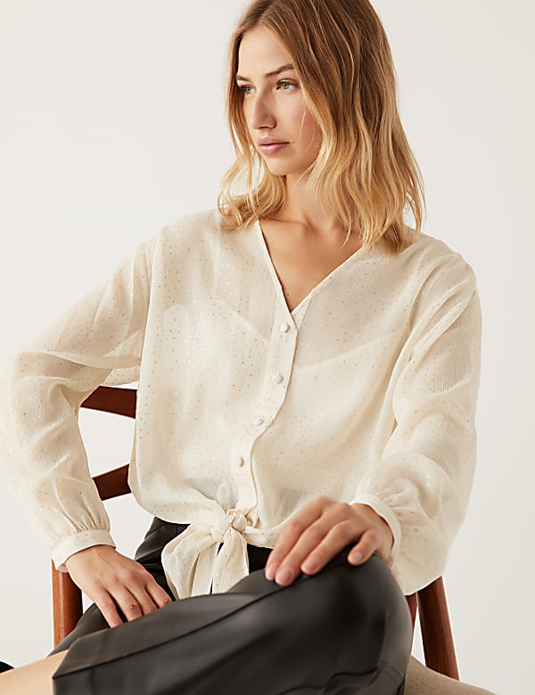Sparkly Polka Dot V-Neck Tie Front Blouse